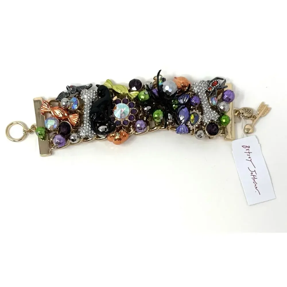 Betsey Johnson Halloween Toggle Bracelet Black Cat Spider Bat Candy Charms Wide